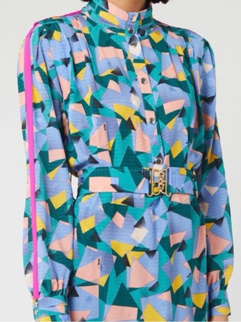 Coach Colorful Geo Mock Neck Print Dress - Pastel Teal, Pink & Yellow